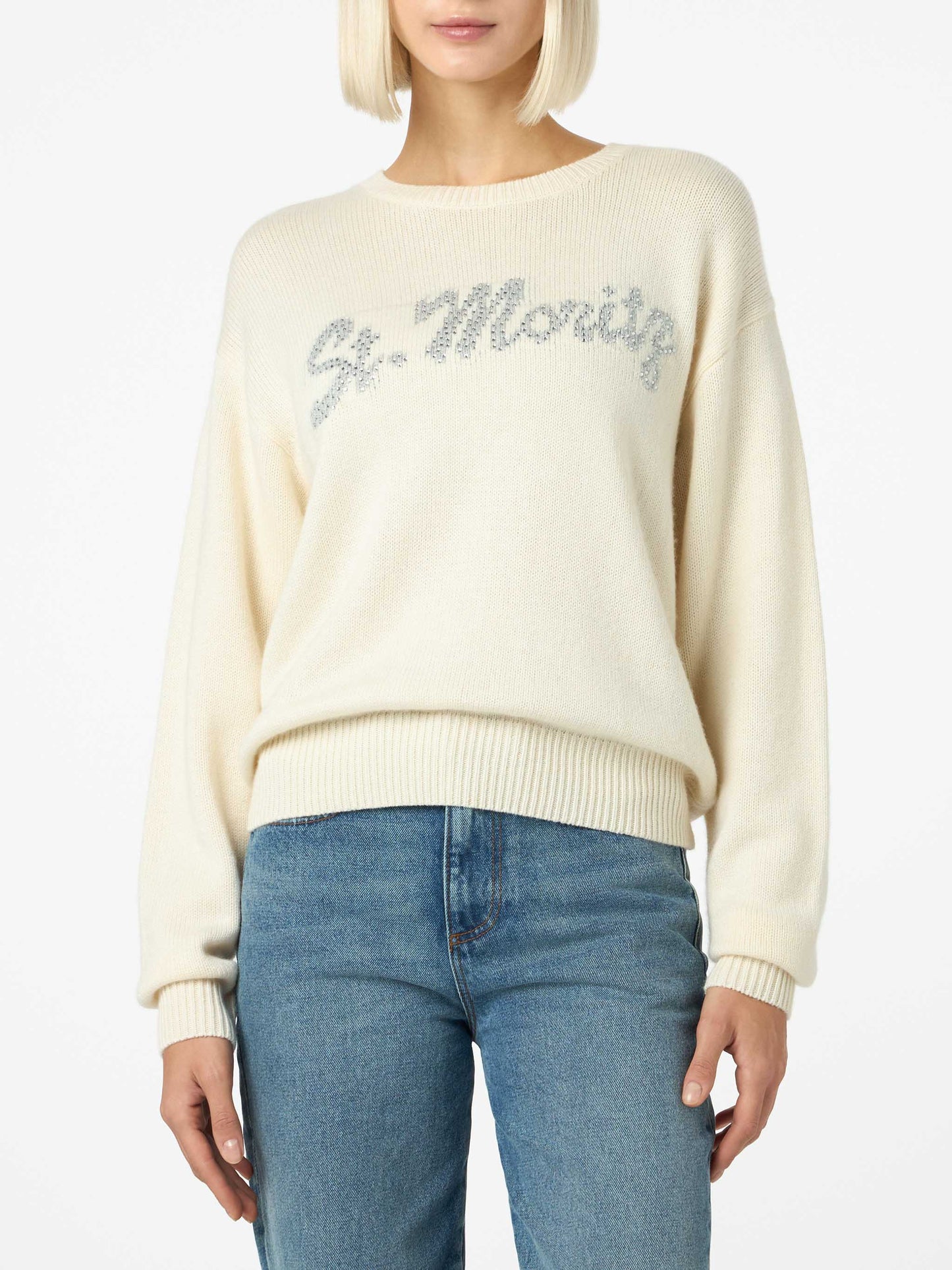 Woman white sweater Louise with St. Moritz rhinestones embellishment | ST. MORITZ TOP OF THE WORLD SPECIAL EDITION - MC2 Saint Barth