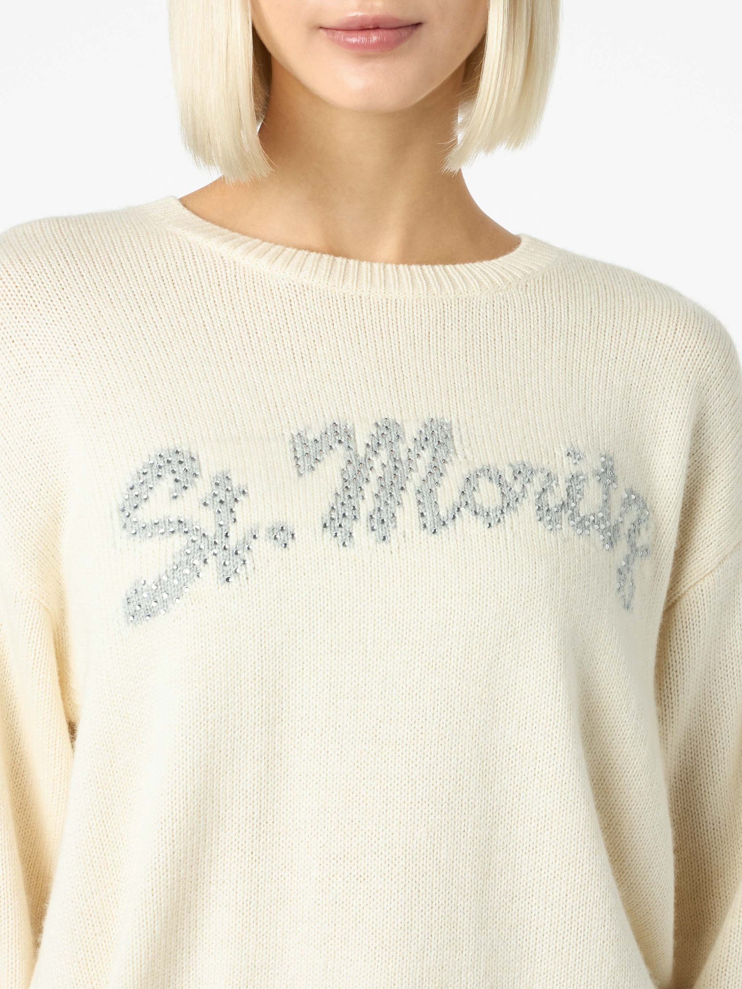 Woman white sweater Louise with St. Moritz rhinestones embellishment | ST. MORITZ TOP OF THE WORLD SPECIAL EDITION - MC2 Saint Barth