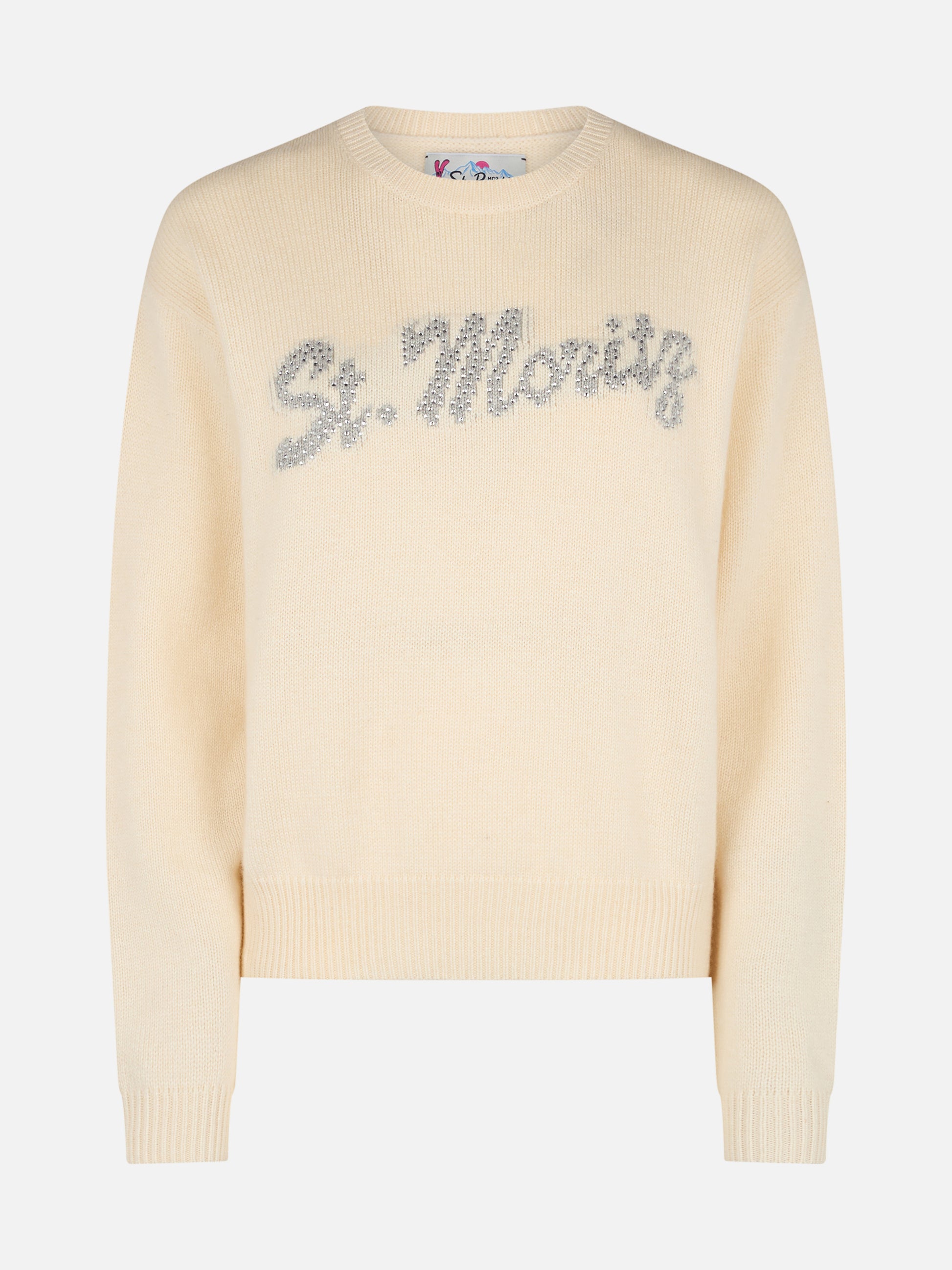 Woman white sweater Louise with St. Moritz rhinestones embellishment | ST. MORITZ TOP OF THE WORLD SPECIAL EDITION - MC2 Saint Barth