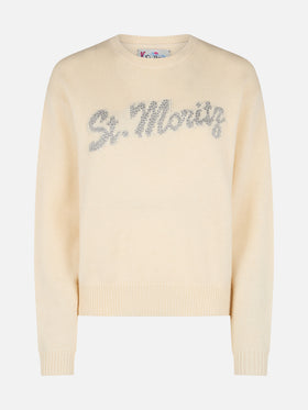 Woman white sweater Louise with St. Moritz rhinestones embellishment | ST. MORITZ TOP OF THE WORLD SPECIAL EDITION - MC2 Saint Barth