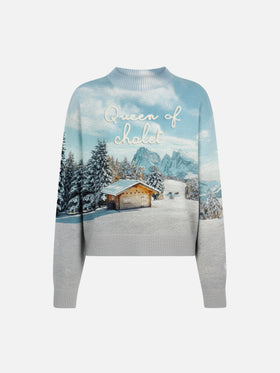White crewneck Louise Jr with chalet print and Queen of Chalet embroidery
