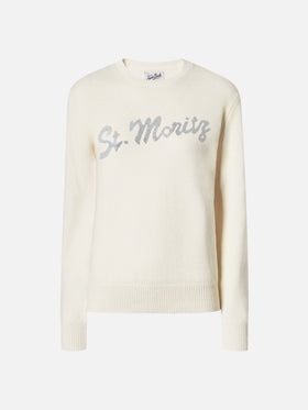 Maglione Louise in cashmere bianco con applicazione St. Moritz in strass