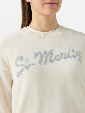 Maglione Louise in cashmere bianco con applicazione St. Moritz in strass