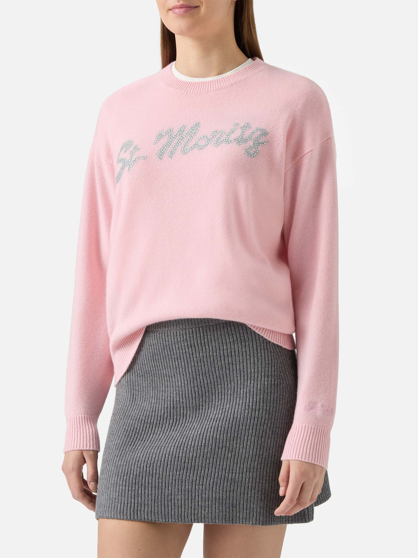Louise cashmere sweater in pink with St. Moritz rhinestone appliqué
