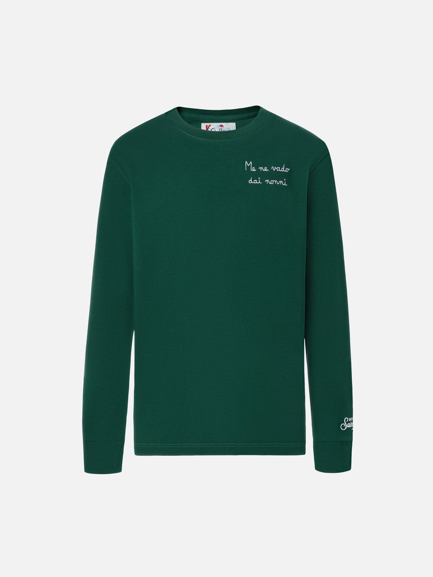 T-shirt Luton in cotone verde a maniche lunghe con ricamo Me ne vado dai nonni