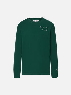 T-shirt Luton in cotone verde a maniche lunghe con ricamo Me ne vado dai nonni