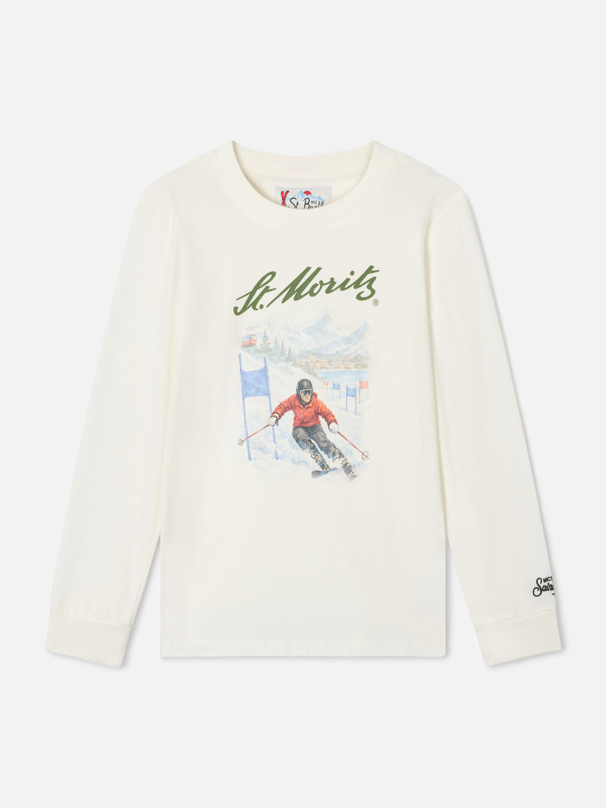 Weißes Langarm-T-Shirt aus Bio-Baumwolle in Luton mit St. Moritz-Print | Special edition 