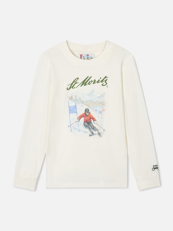 White Luton organic cotton long sleeve t-shirt with St. Moritz print | Special edition