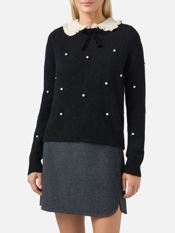 Black sweater Levine with bow, collar and pearl embellishment