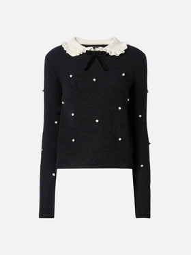 Black sweater Levine with bow, collar and pearl embellishment