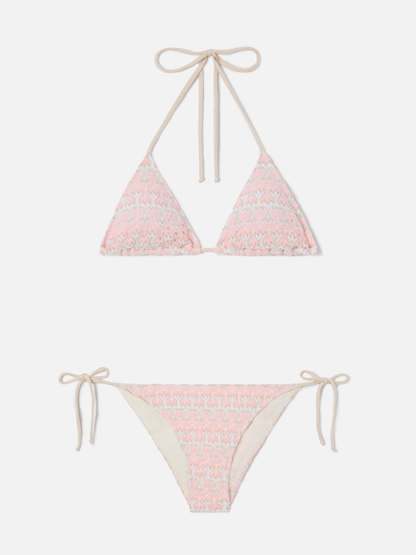 Bikini Levyne triangolo in tessuto raschel con fantasia floreale rosa e panna