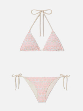 Bikini Levyne triangolo in tessuto raschel con fantasia floreale rosa e panna
