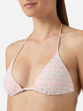 Bikini Levyne triangolo in tessuto raschel con fantasia floreale rosa e panna