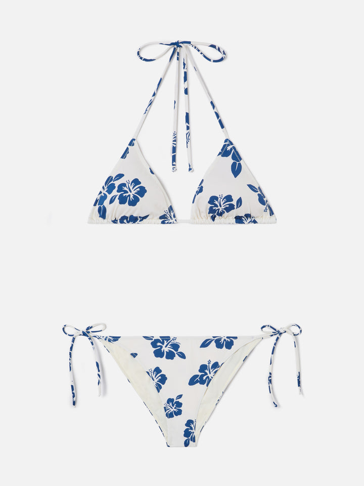 Bikini Levyne triangolo in tessuto elasticizzato con stampa hibiscus blu