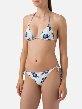 Bikini Levyne triangle in stretch fabric with blue hibiscus print