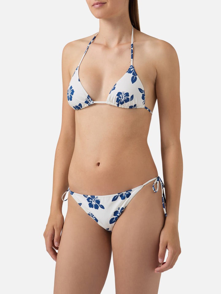 Bikini Levyne triangolo in tessuto elasticizzato con stampa hibiscus blu