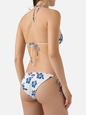Bikini Levyne triangle in stretch fabric with blue hibiscus print