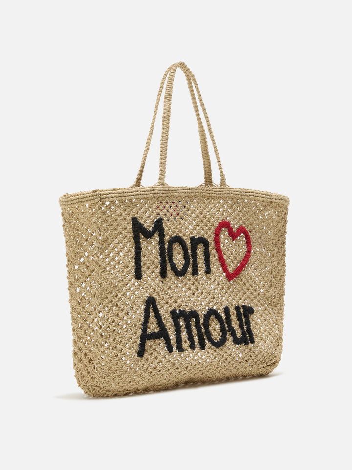 Borsa Mon Amour in juta con ricamo artigianale