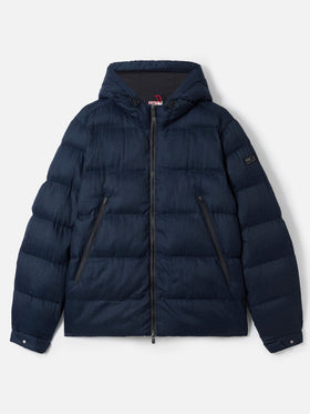 Man navy blue flannel hooded puffer jacket Maier