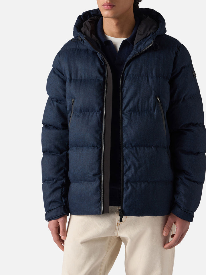 Man navy blue flannel hooded puffer jacket Maier