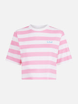 T-shirt corta a righe rosa e bianche da donna