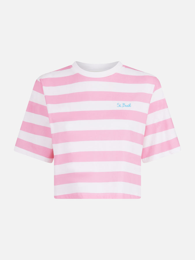 Mc2 Saint Barth Woman pink and white striped crop t-shirt