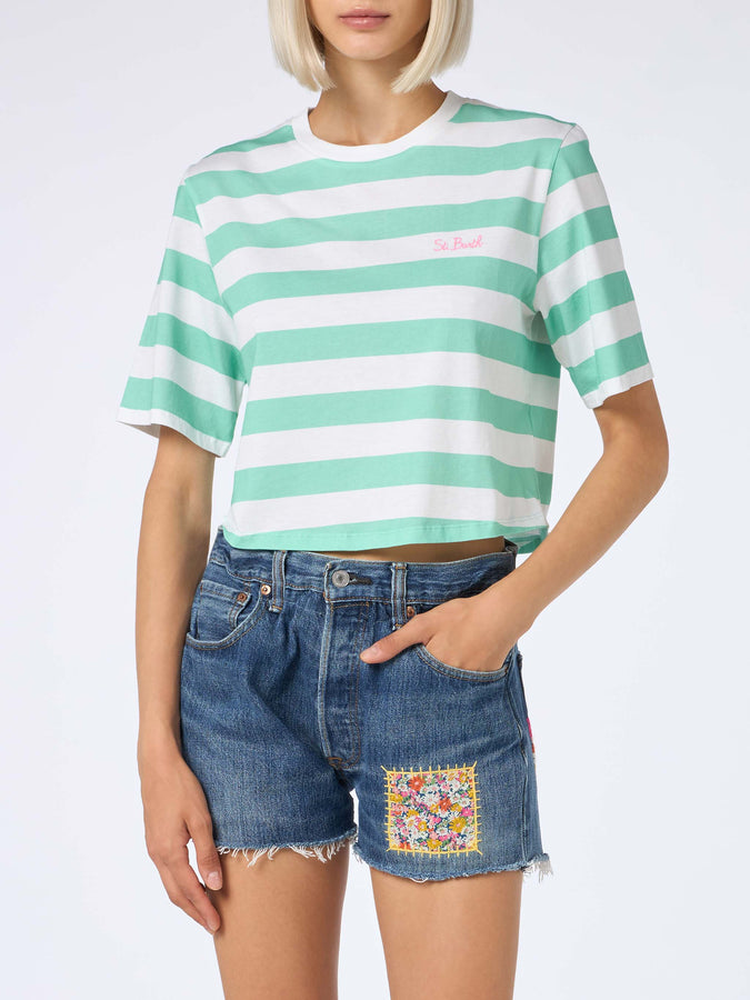 Mc2 Saint Barth Woman acquamarine and white striped crop t-shirt