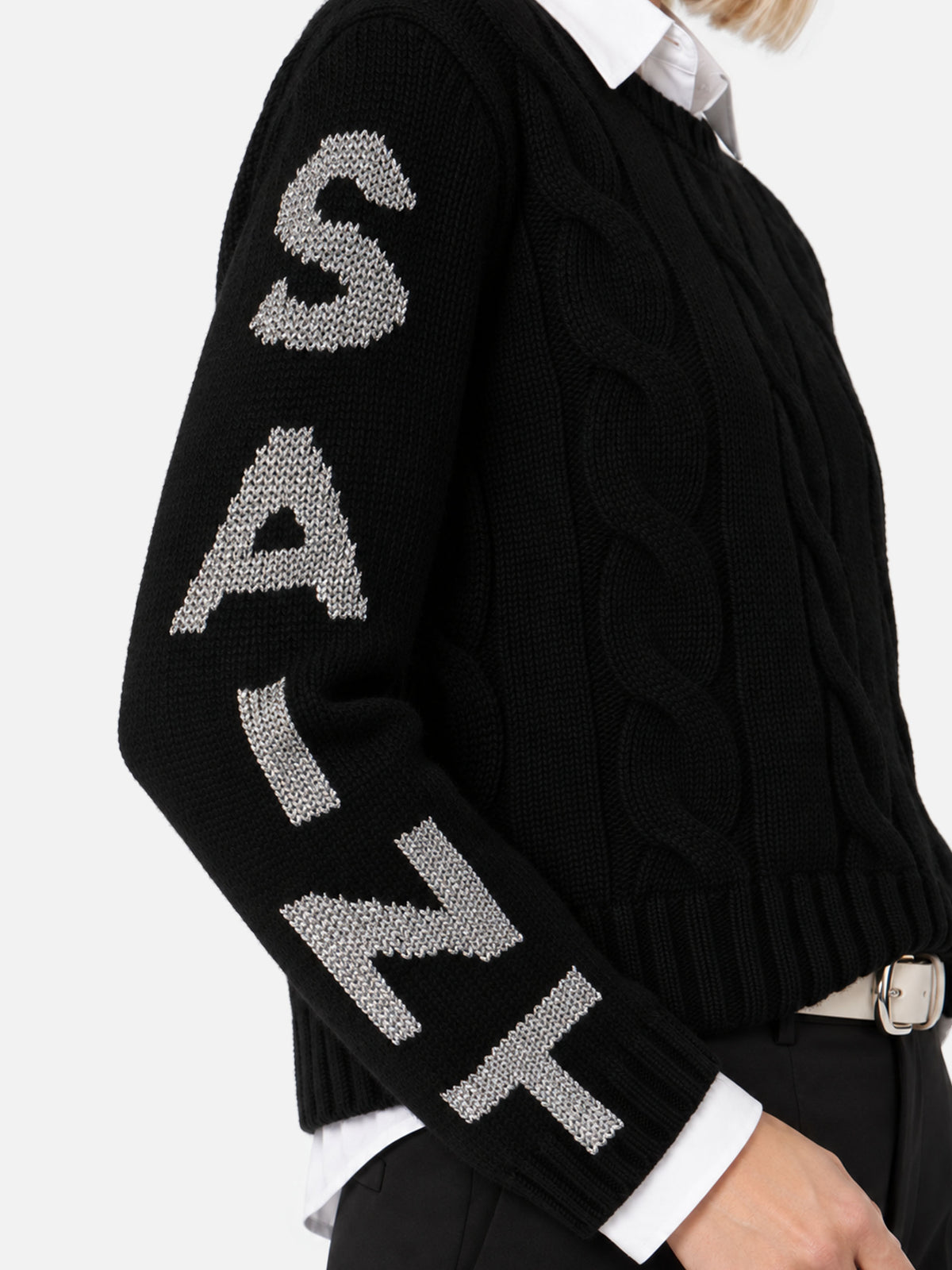 Suéter negro Malmo de punto trenzado con logo lurex 