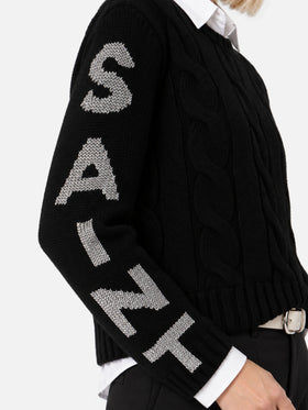 Suéter negro Malmo de punto trenzado con logo lurex 