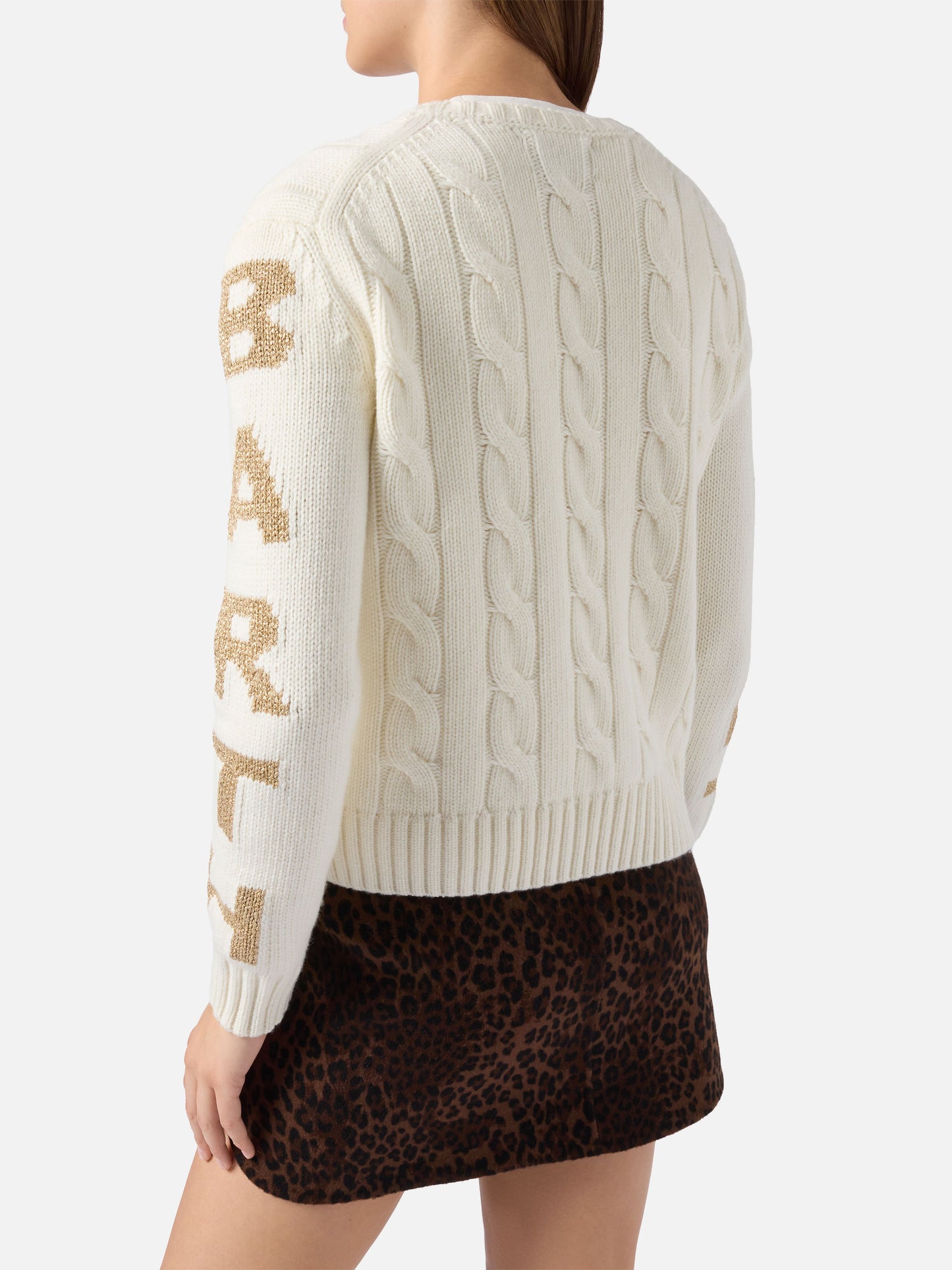 Malmo cable-knit cashmere-blend sweater in white with Saint Barth jacquard on the sleeves