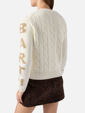 Malmo cable-knit cashmere-blend sweater in white with Saint Barth jacquard on the sleeves