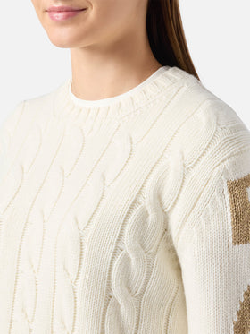 Malmo cable-knit cashmere-blend sweater in white with Saint Barth jacquard on the sleeves