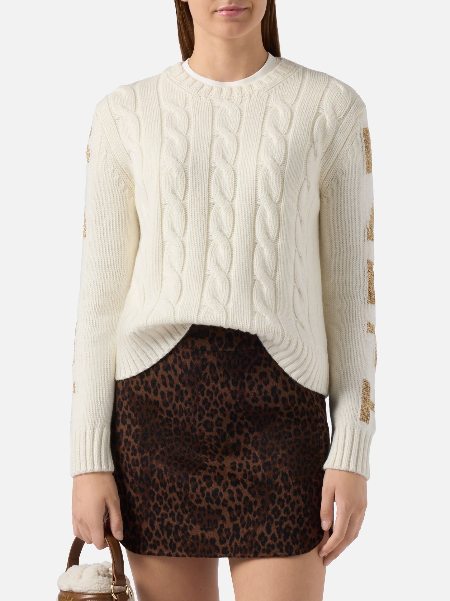 Malmo cable-knit cashmere-blend sweater in white with Saint Barth jacquard on the sleeves