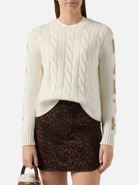 Malmo cable-knit cashmere-blend sweater in white with Saint Barth jacquard on the sleeves