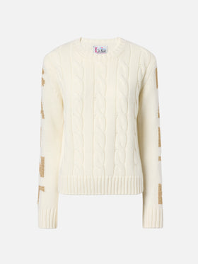 Malmo cable-knit cashmere-blend sweater in white with Saint Barth jacquard on the sleeves