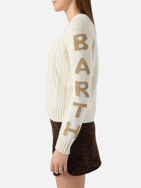 Malmo cable-knit cashmere-blend sweater in white with Saint Barth jacquard on the sleeves