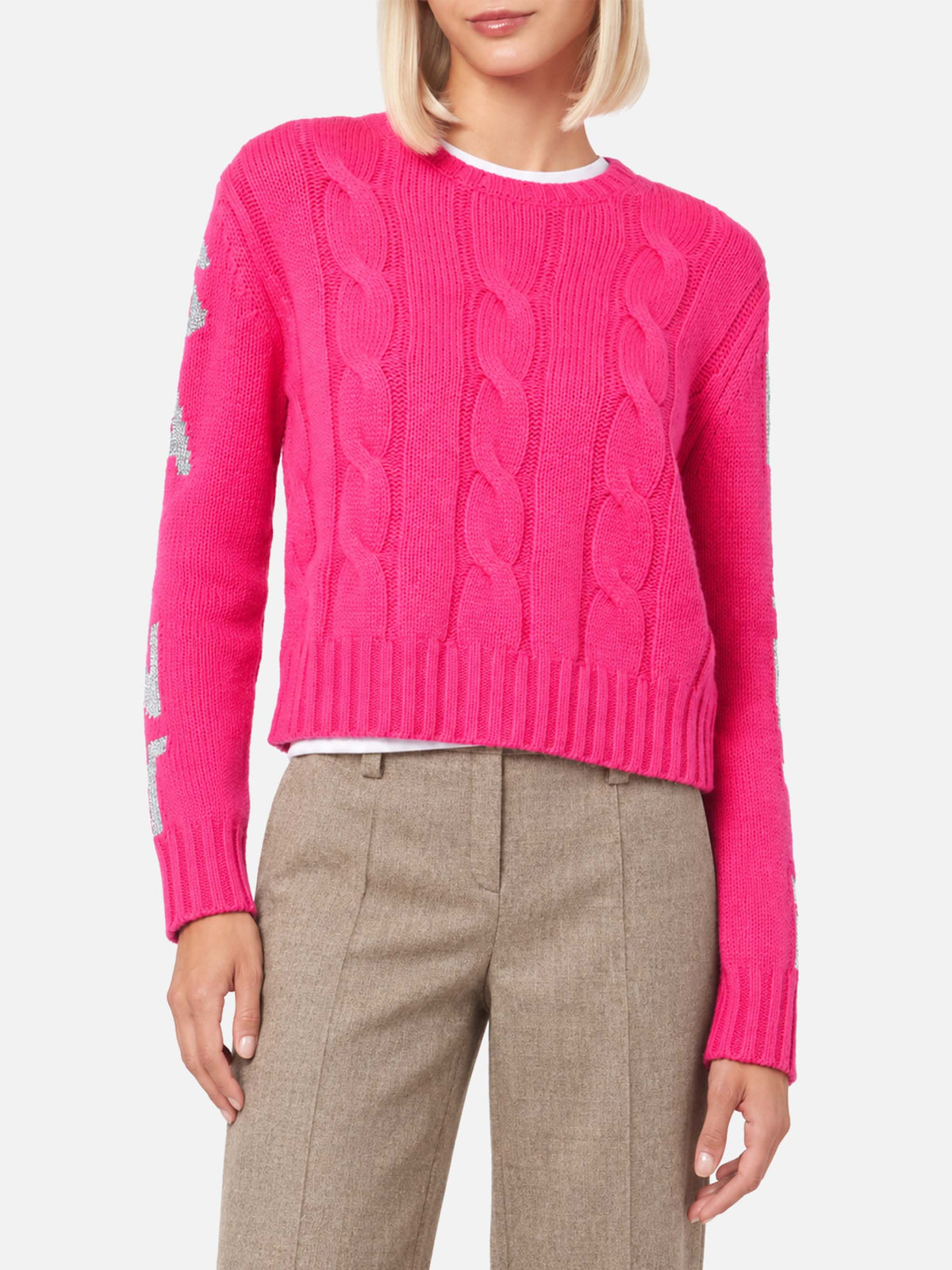 Jersey trenzado Malmo en rosa flúor con jacquard de lurex 