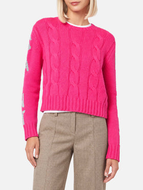 Jersey trenzado Malmo en rosa flúor con jacquard de lurex 