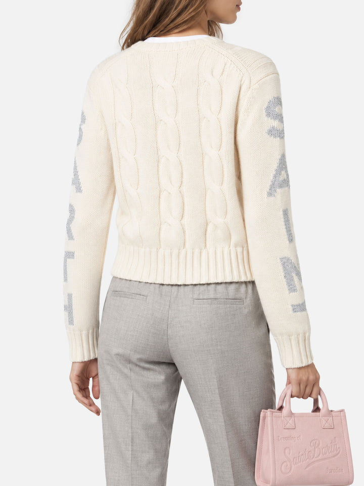Malmo white braided crewneck sweater with lurex details