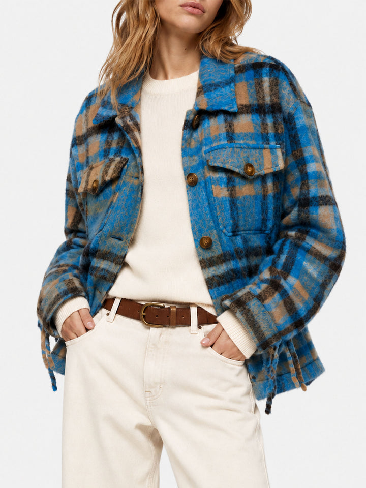 Giacca overshirt Marceline con frange e fantasia tartan