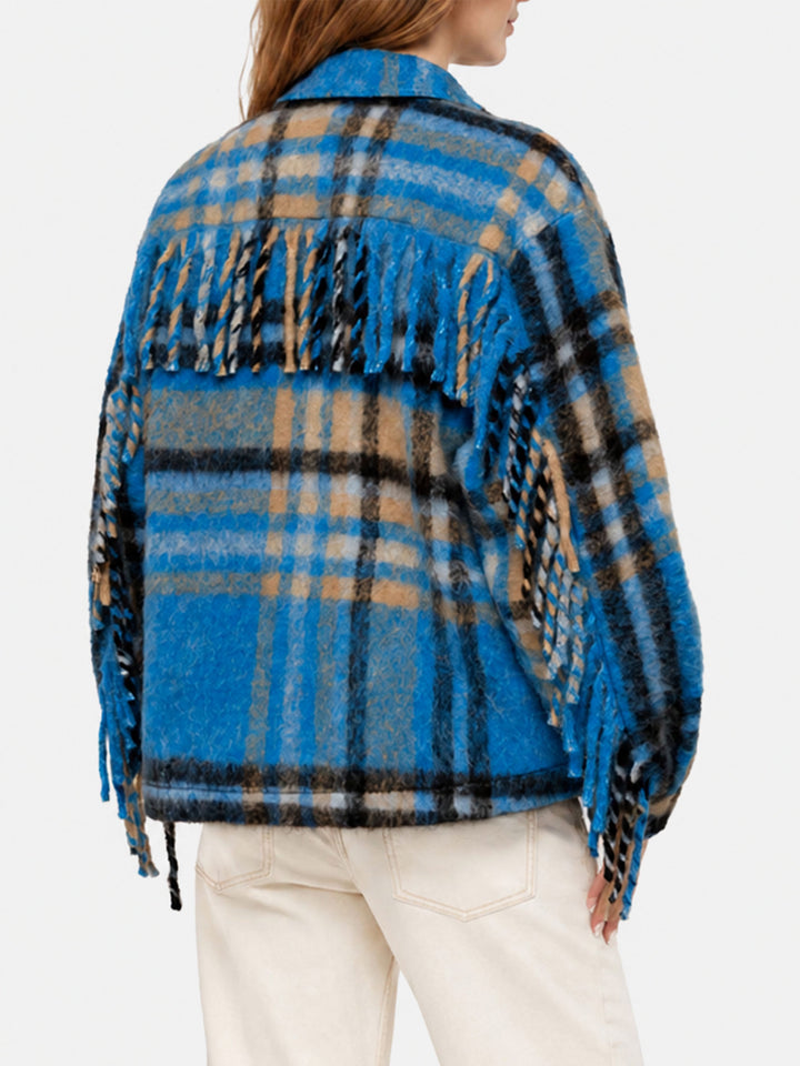 Giacca overshirt Marceline con frange e fantasia tartan