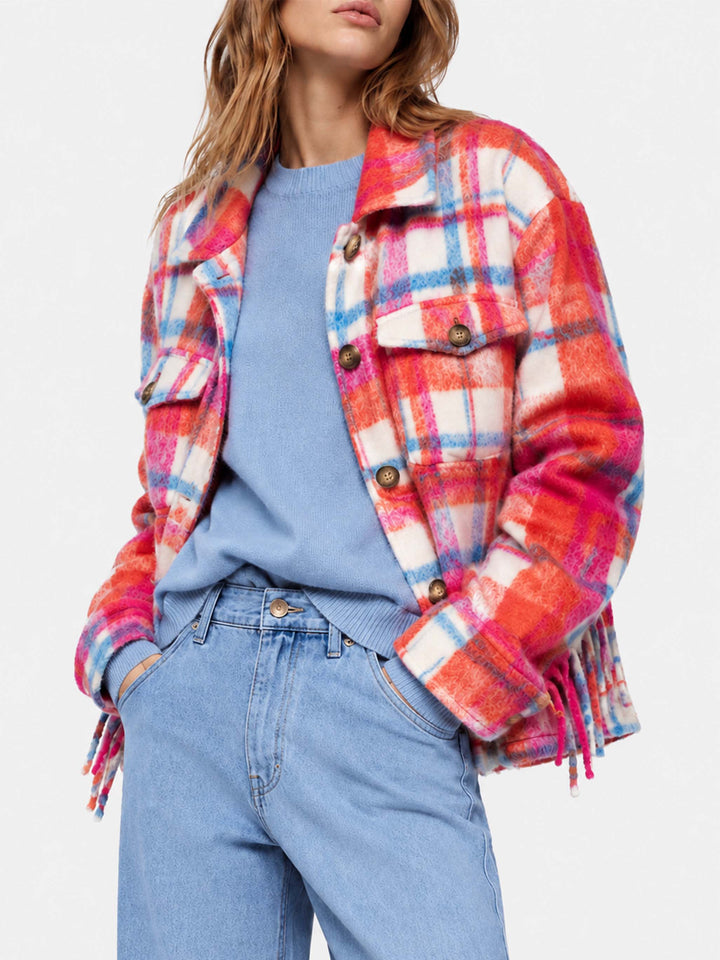 Marceline tartan overshirt jacket with fringes
