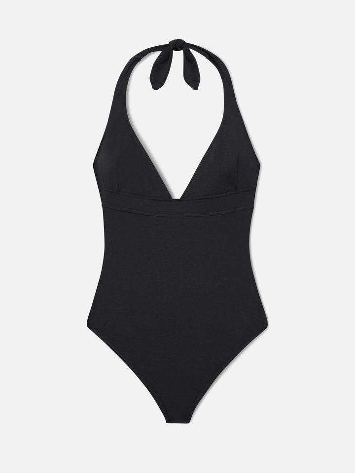 Maillot de bain une pièce Marylin avec liens à nouer autour du cou en noir uni 