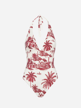 Marylin one-piece swimsuit with toile de jouy print | AI CO-CREATED DESIGN BY RICKDICK - POWERED BY RED-EYE - MC2 Saint Barth