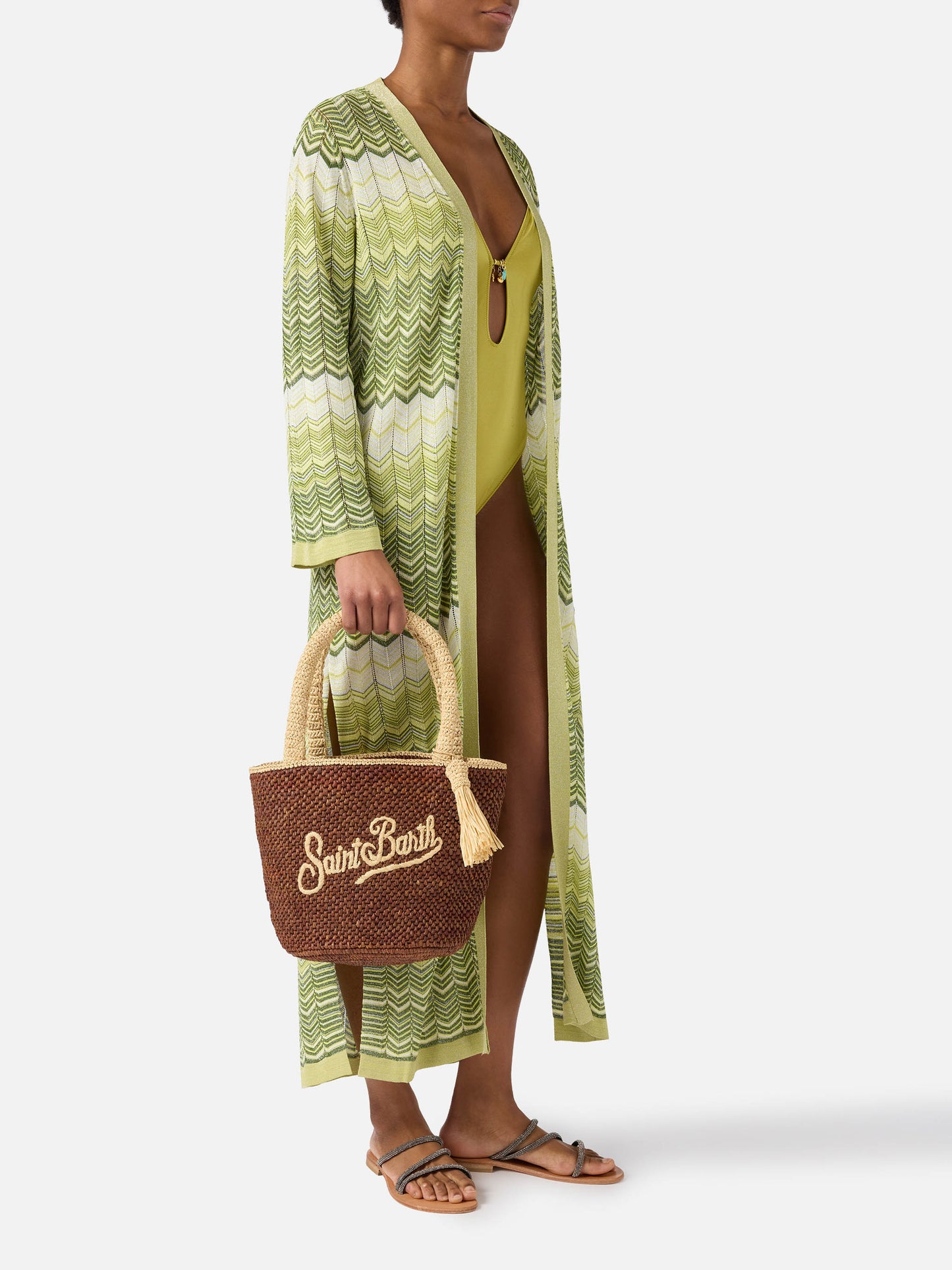 Borsa Marcy in raffia marrone con nappetta e logo ricamato