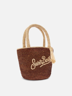 Borsa Marcy in raffia marrone con nappetta e logo ricamato