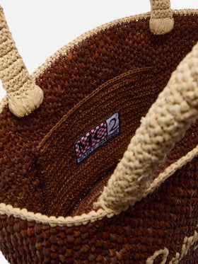 Borsa Marcy in raffia marrone con nappetta e logo ricamato