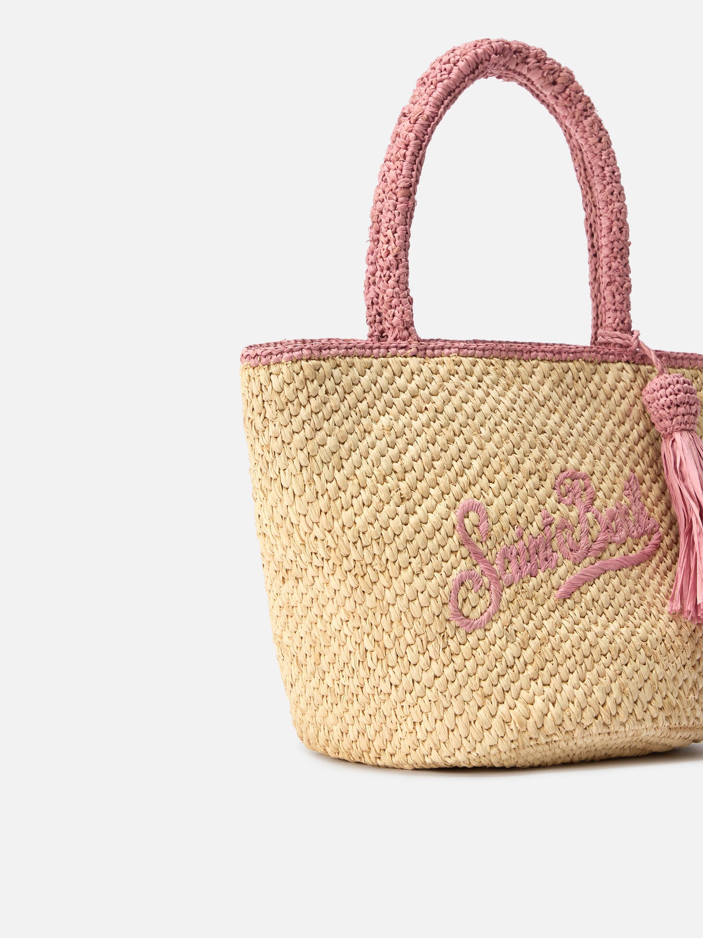 Bolso mediano de rafia Marcy con detalles rosas y logo bordado 