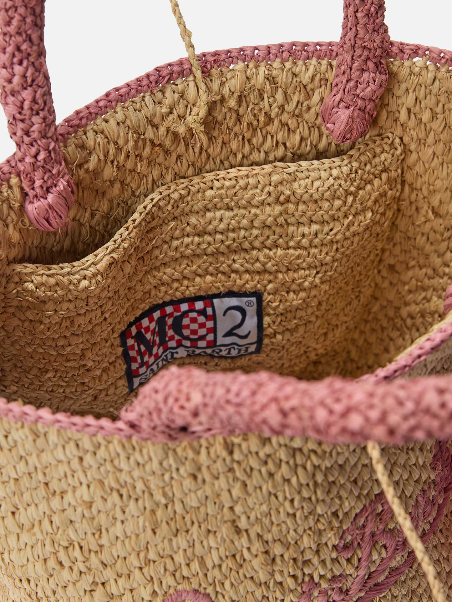 Marcy medium raffia bag with pink details and embroidered logo