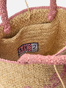 Bolso mediano de rafia Marcy con detalles rosas y logo bordado 